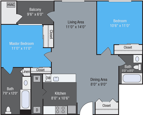 Floor plan for 2 beds, 2 baths, 989 sqft